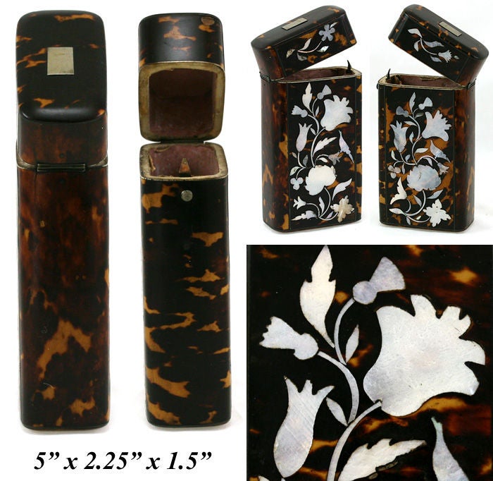Victorian Antique Tortoise Shell Mother of Pearl French Cigar Case Etui For Sale