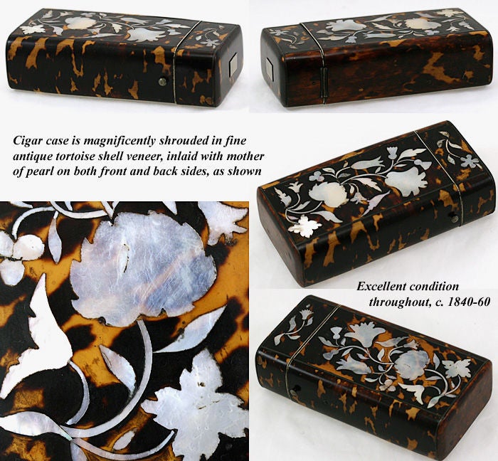 Women's or Men's Antique Tortoise Shell Mother of Pearl French Cigar Case Etui For Sale