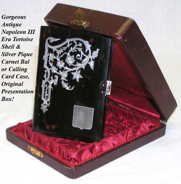 Beautiful & rare antique French Napoleon III era tortoise shell carnet bal or necessaire with ornate reticulated silver inlay, interior genuine ivory page and original fitted presentation box! One of the more beautiful old tortoiseshell pieces we've