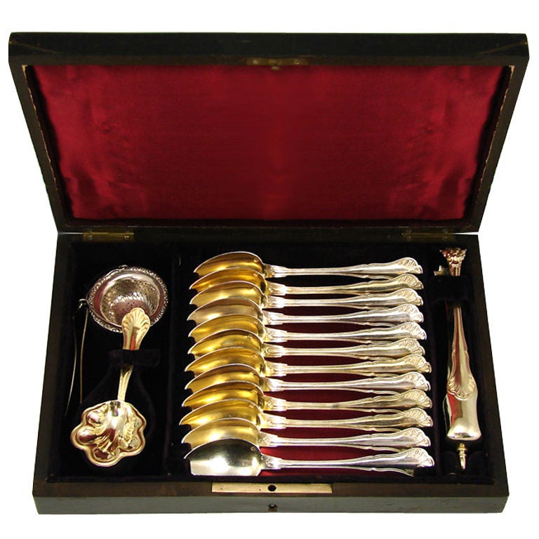 Antique French Vermeil Sterling Silver 15 Piece Tea Equipage Box For Sale