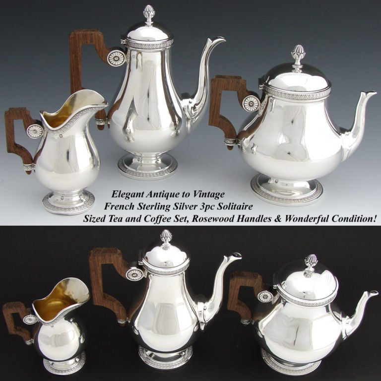 Delightful antique French Napoleon III to Belle Epoque era sterling silver 3pc tea service, a solitaire or bachelor's sized tea pot, coffee pot and creamer! About half the size of a normal tea set, meant for two or, on those lonely occasions, a