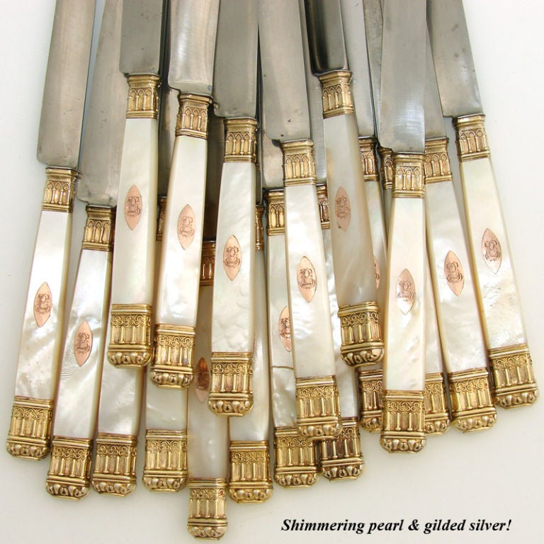 Georgian 18 Piece Antique French Sterling Silver Gold Vermeil & Pearl Knives For Sale