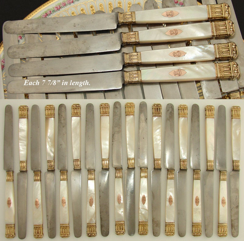 Women's or Men's 18 Piece Antique French Sterling Silver Gold Vermeil & Pearl Knives For Sale