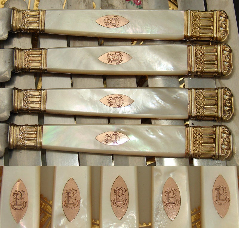 18 Piece Antique French Sterling Silver Gold Vermeil & Pearl Knives For Sale 1