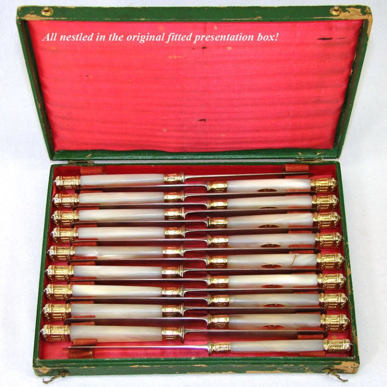 18 Piece Antique French Sterling Silver Gold Vermeil & Pearl Knives For Sale 2