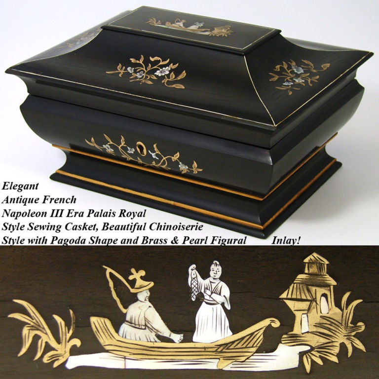 Fabulous antique French Napoleon III era Palais Royal style sewing box, a unique casket in the Chinoiserie style made popular by Empress Josephine with pagoda shaping, ebony finish and figural brass & mother of pearl inlays! Beautiful! The