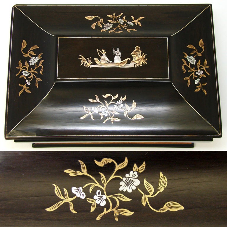 Victorian Napoleon III Antique French Sewing Box Chinoiserie Style Ebony