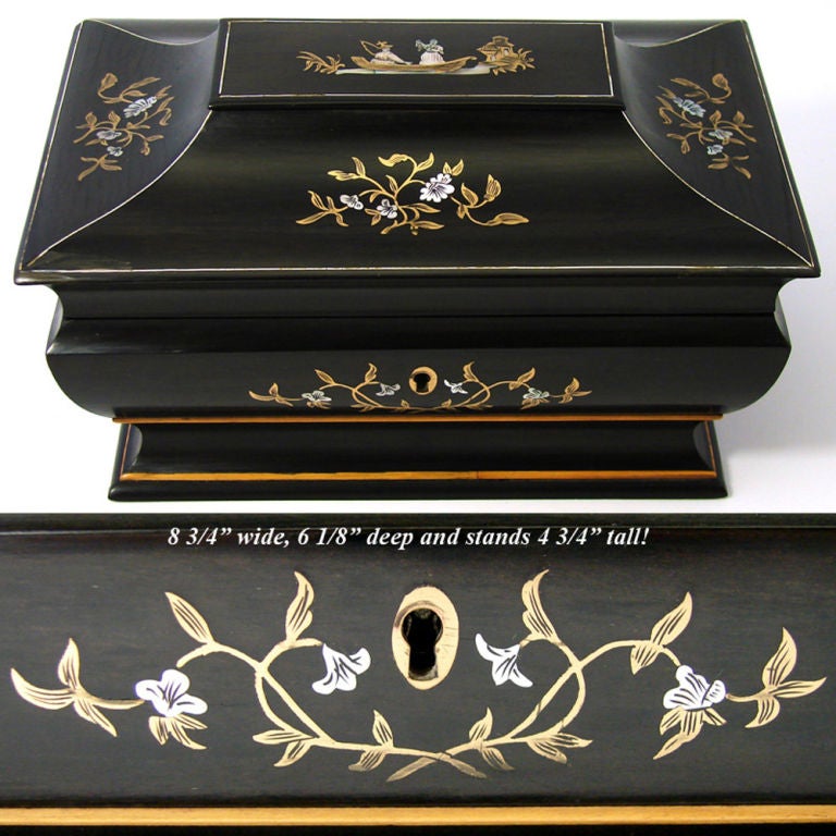 Women's or Men's Napoleon III Antique French Sewing Box Chinoiserie Style Ebony