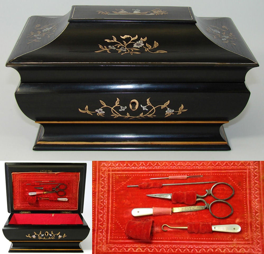 Napoleon III Antique French Sewing Box Chinoiserie Style Ebony 3