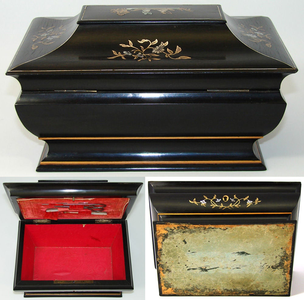 Napoleon III Antique French Sewing Box Chinoiserie Style Ebony 4