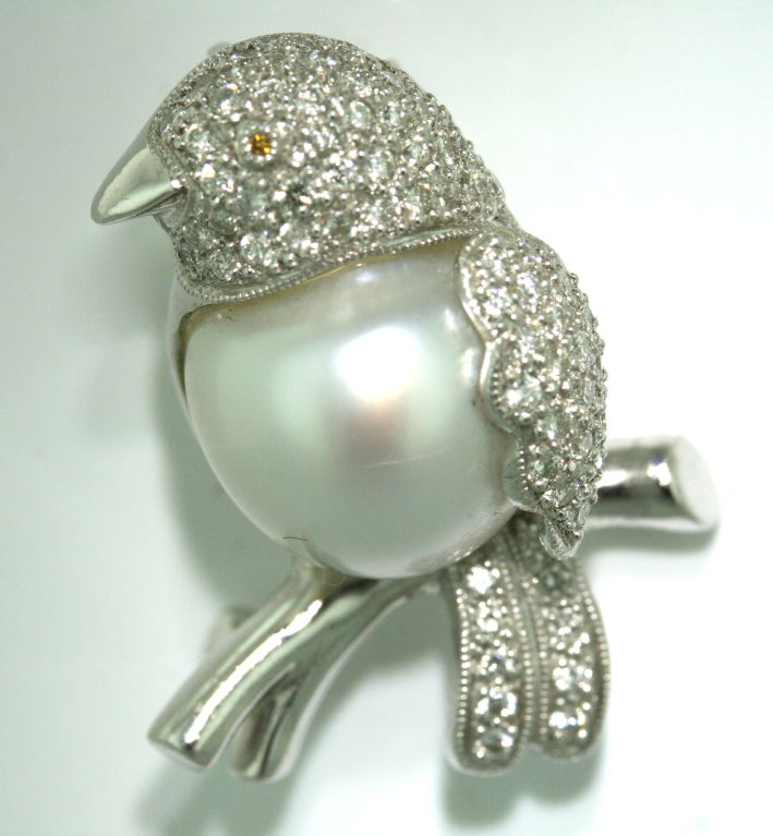 South sea baroque pearl and diamond bird brooch.