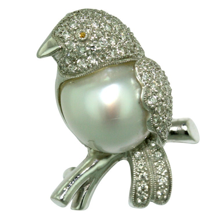 Bird Brooch Diamond South Sea Baroque Pearl For Sale