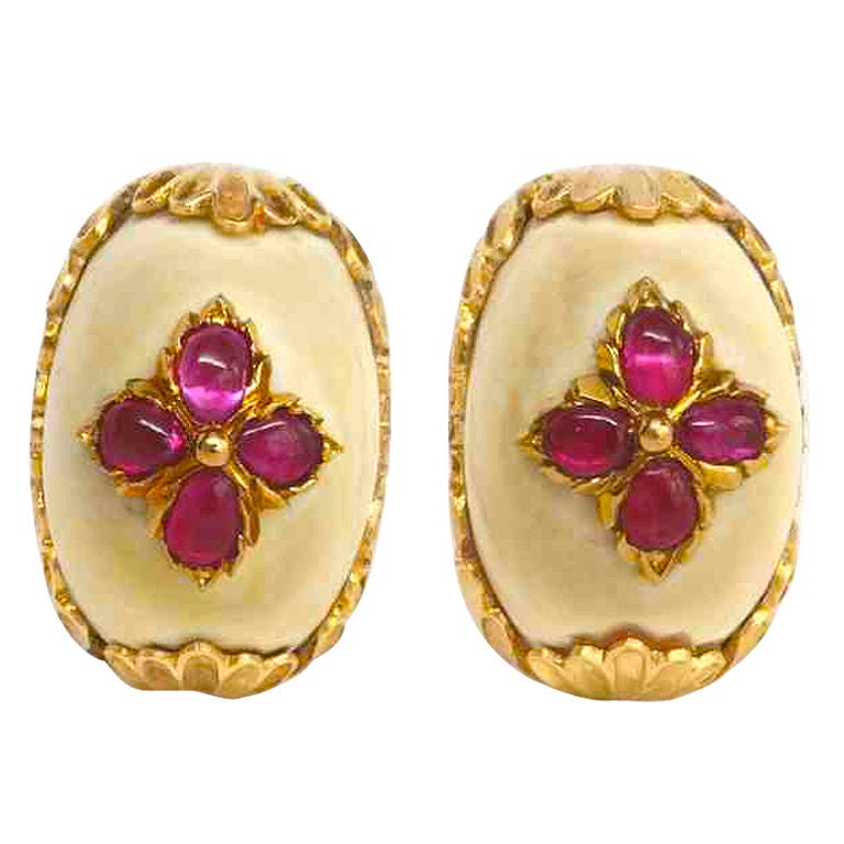 BUCCELLATI Ruby, Ivory and Gold Ear Clips at 1stDibs