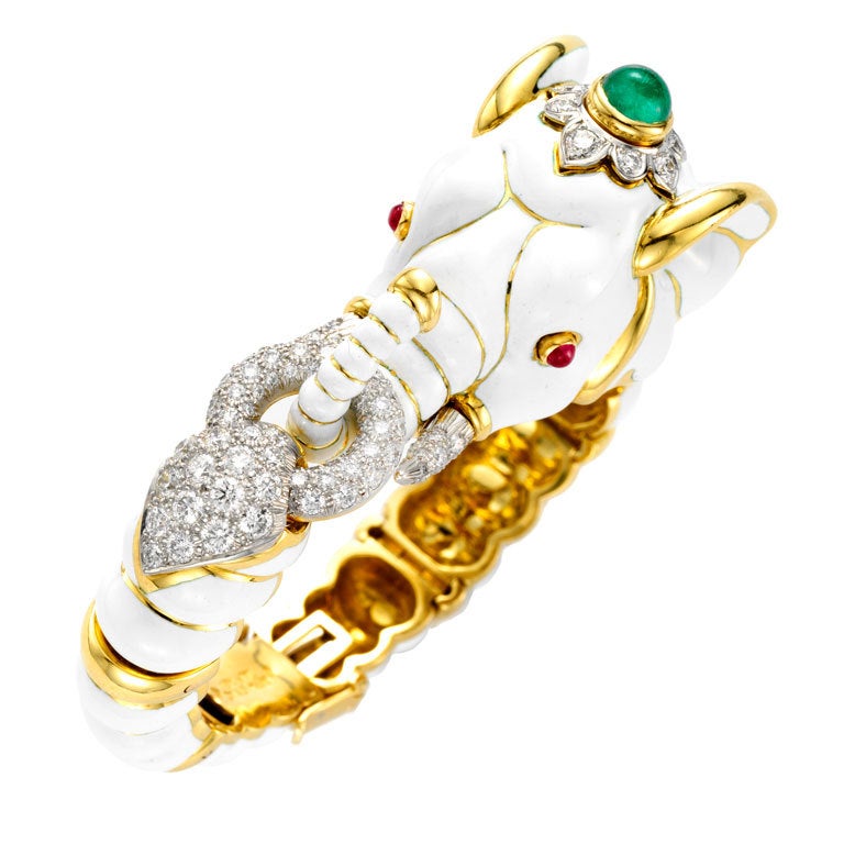 DAVID WEBB White Enamel Elephant Bangle Bracelet For Sale