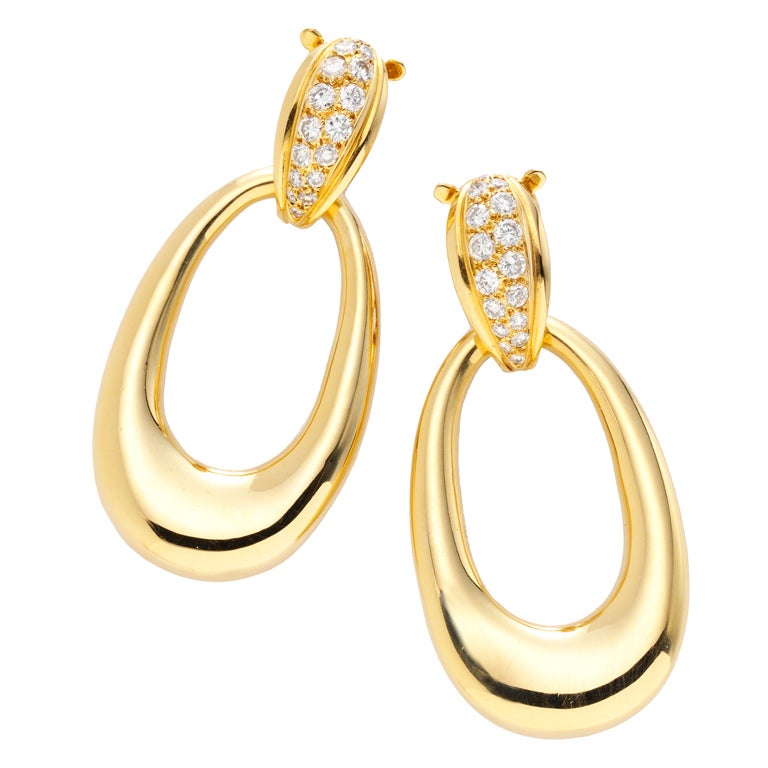 CARTIER A Pair of Diamond and Gold 'Door Knocker' Ear Clips For Sale