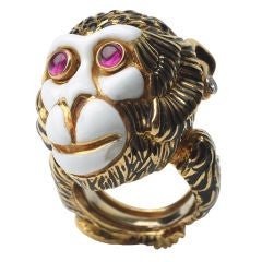 DAVID WEBB Ruby, Enamel, Diamond and Gold Monkey Ring