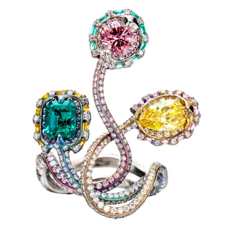 WALLACE CHAN Pink and Yellow Diamond and Emerald Titanium Ring For Sale
