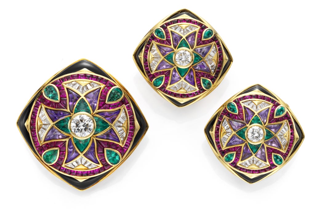 Bulgari, A Set of Multi-Gem and Diamond 'Carre' Jewelry, comprising of a brooch, set with buffed-top amethyst, emeralds, rubies, onyx, and diamonds, ear clips en suite, signed Bulgari.  c.1985.