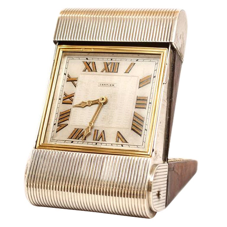 CARTIER Gold, Silver and Leather Travel Clock For Sale