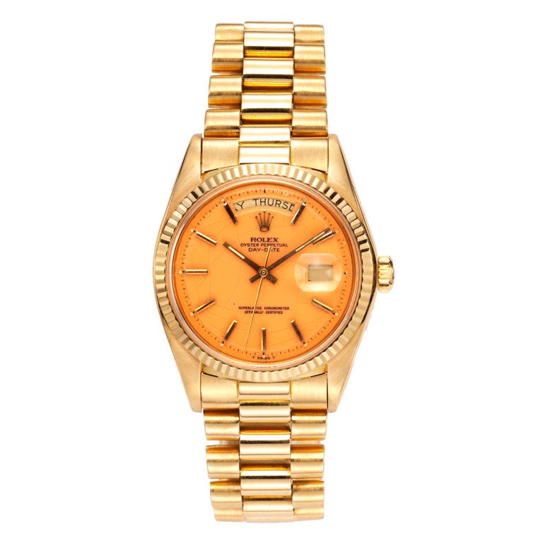 ROLEX A Yellow Gold Pink "Stella" Dial Day-Date Wristwatch For Sale