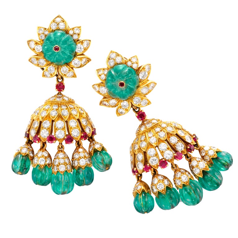 VAN CLEEF & ARPELS A Pair of Emerald, Ruby and Diamond Earrings