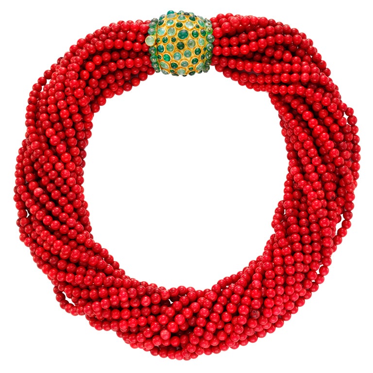 RENE BOIVIN A Coral Torsade with Gold and Emerald Clasp