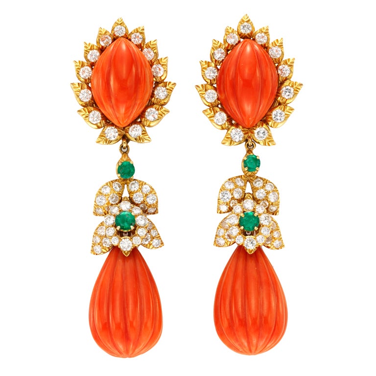 DAVID WEBB A Pair of Coral, Emerald and Diamond Ear Pendants