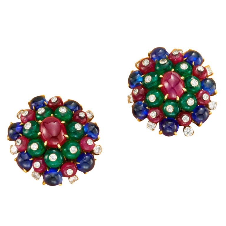 BULGARI A Pair of Emerald, Sapphire, Ruby and Diamond Ear Clips For Sale