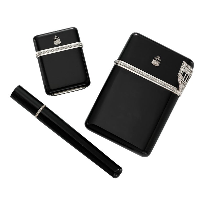 An Art Deco Onyx and Diamond Smoking Set For Sale