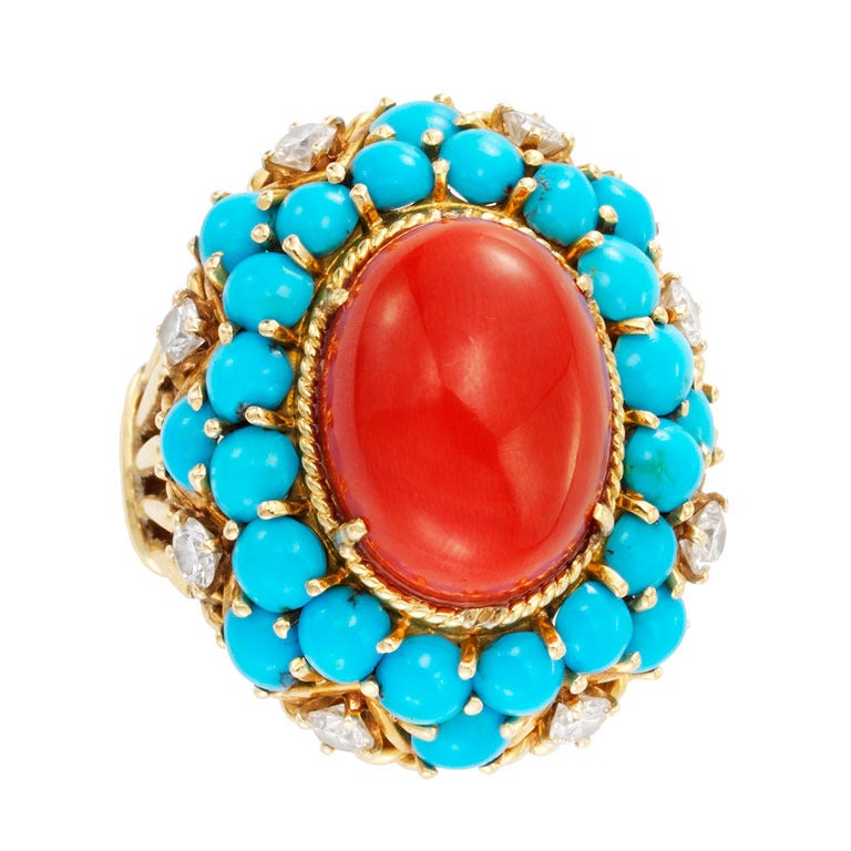 VAN CLEEF & ARPELS Coral Turquoise Diamond Ring For Sale