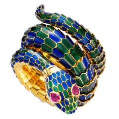 BULGARI Peacock Enamel Ruby Serpent Bracelet Watch