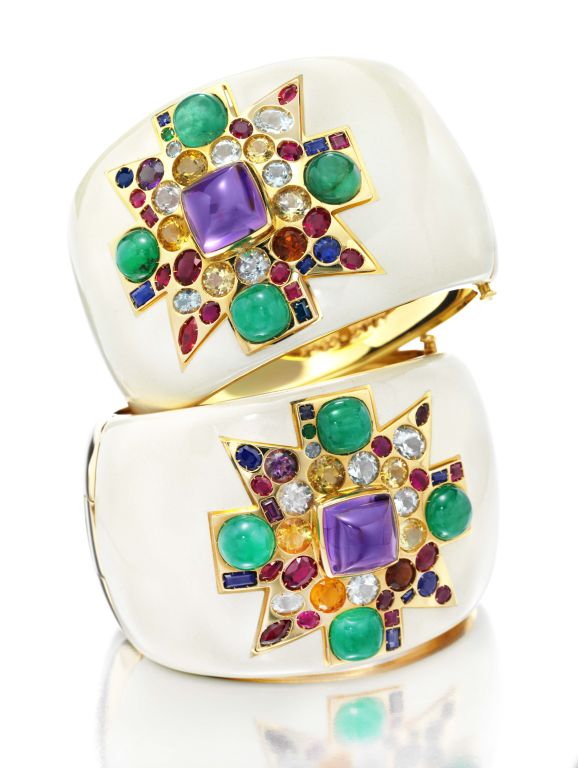 A Pair of Verdura Fulco Cuff bracelets,  Maltese Cross cuff set with emerald, sapphire, ruby, amethyst, aquamarine, topaz, citrine, prasolite, enamel and mounted in 18k yellow gold. Limited edition of 70, signed and numbered, accompanied by fitted