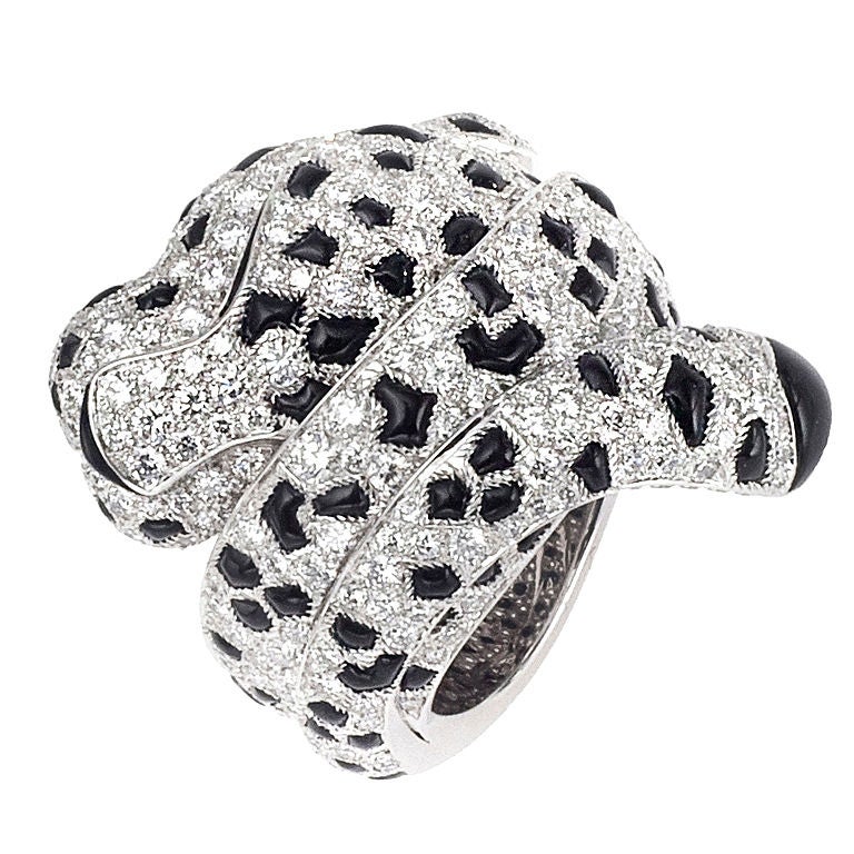 CARTIER Diamond and Onyx Panther Ring For Sale