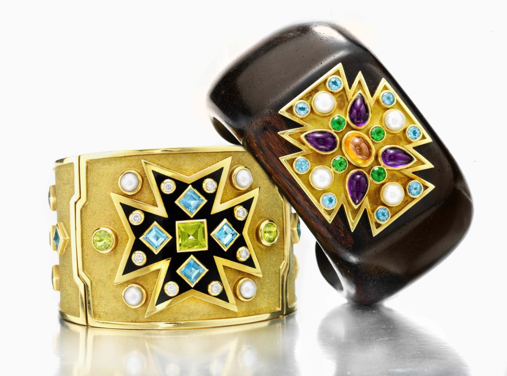 Verdura: A Maltese Cross Bracelet, accented by citrine, amethyst, topaz, peridot and pearls, to the wood cuff.
