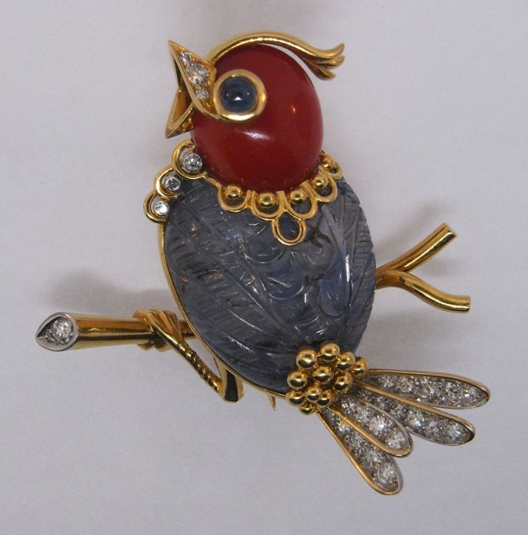 MARCHAK sapphire and coral bird brooch