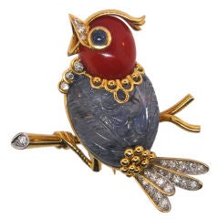 MARCHAK sapphire and coral bird brooch