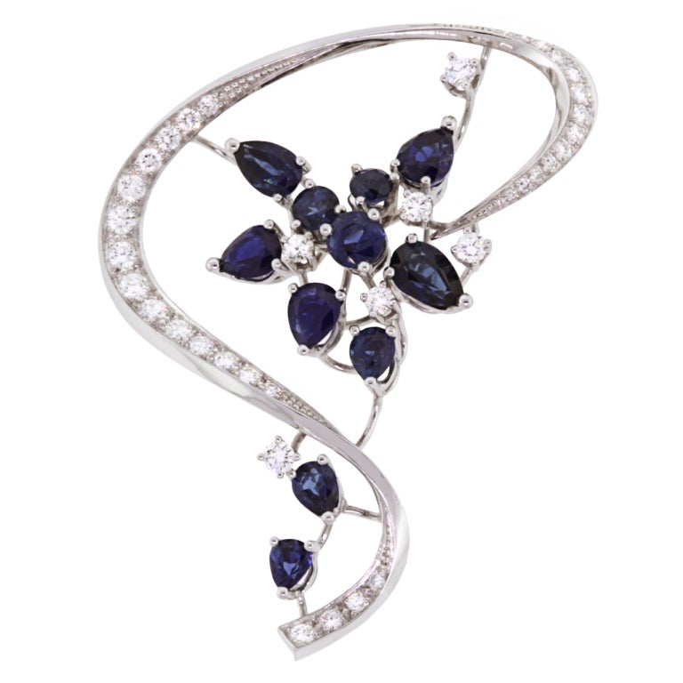 ARMIN KURZ Sapphire and Diamond Brooch In Excellent Condition In Litchfield, CT