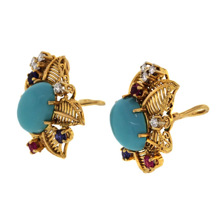 Persian Turquoise, Diamond, Ruby, and Sapphire Earrings at 1stdibs