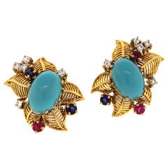 Retro Persian Turquoise, Diamond, Ruby, and Sapphire Earrings