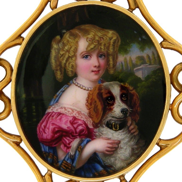 Victorian Antique Enamel Portrait Brooch of a Girl with her Dog