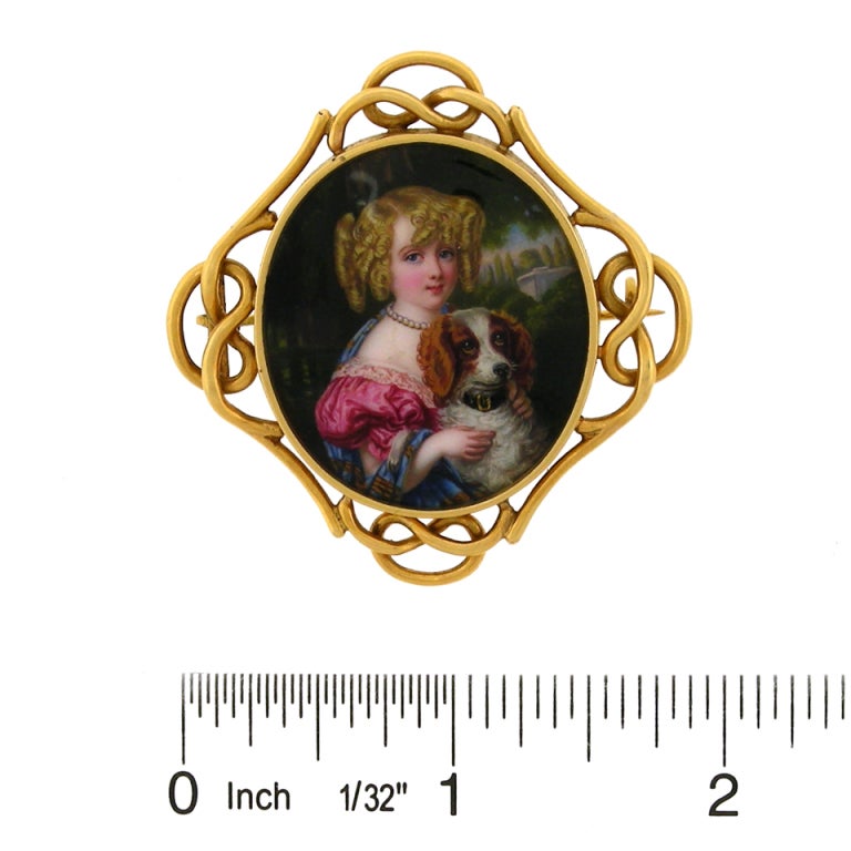 Antique Enamel Portrait Brooch of a Girl with her Dog In Excellent Condition In Litchfield, CT
