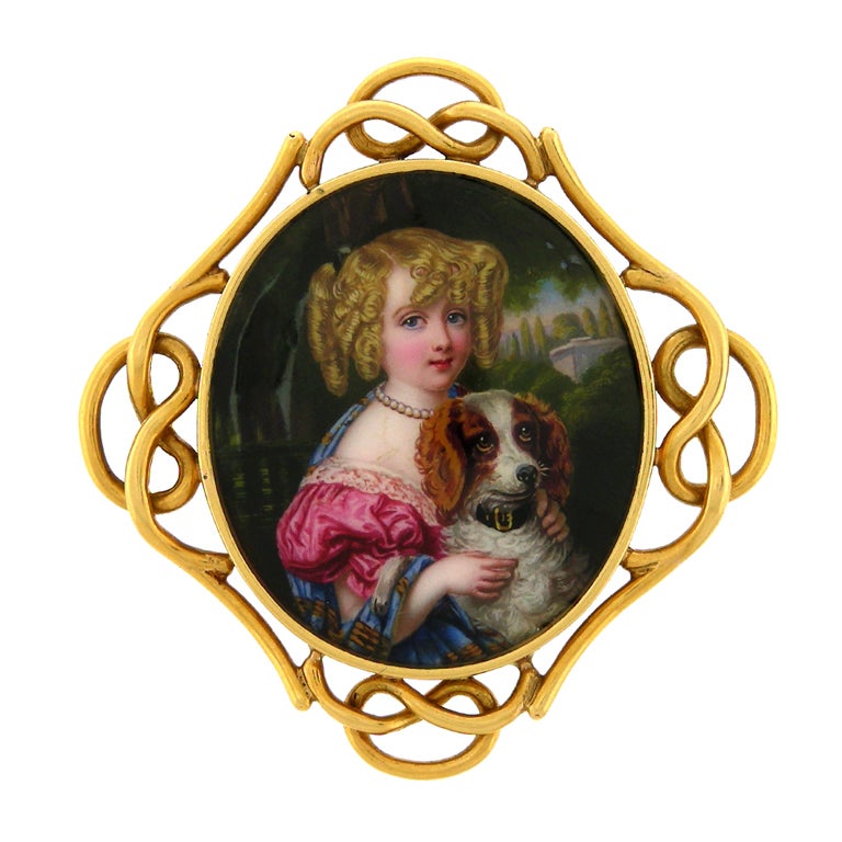 Antique Enamel Portrait Brooch of a Girl with her Dog