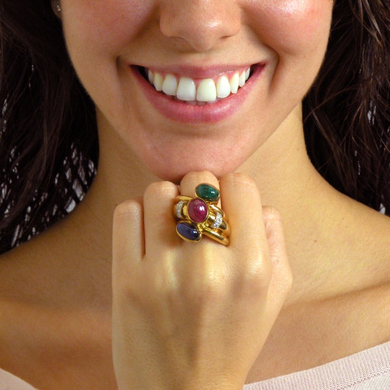DAVID WEBB Ruby, Sapphire, Diamond and Emerald Ring