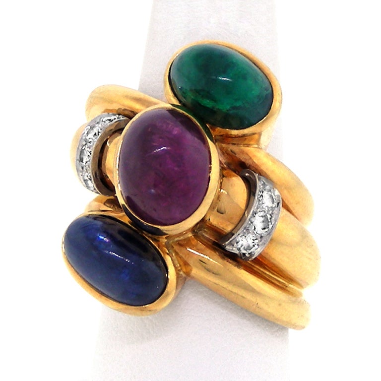 DAVID WEBB Ruby, Sapphire, Diamond and Emerald Ring In Excellent Condition In Litchfield, CT