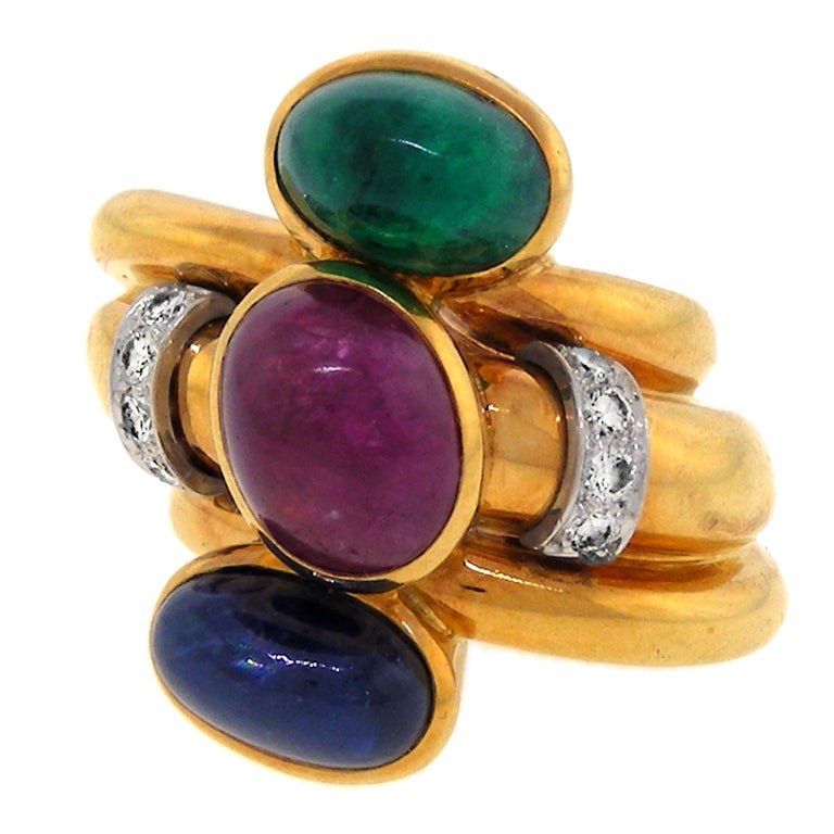 DAVID WEBB Ruby, Sapphire, Diamond and Emerald Ring
