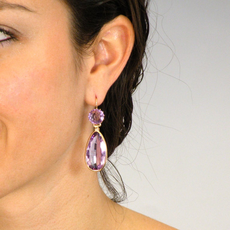 Plucked from a Victorian dance floor, these amethyst dangle earrings are the perfect colorful accessory for au courant fashion. Dressed up or down, they are playfully elegant and exceptionally well made.    

Remarks from Lawrence Jeffrey: 