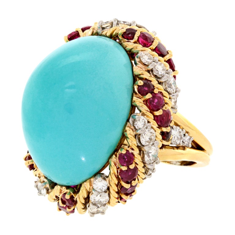 HENRYK KASTON Persian Turquoise, Diamond and Ruby Ring In Excellent Condition In Litchfield, CT