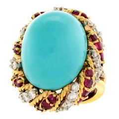 Retro HENRYK KASTON Persian Turquoise, Diamond and Ruby Ring