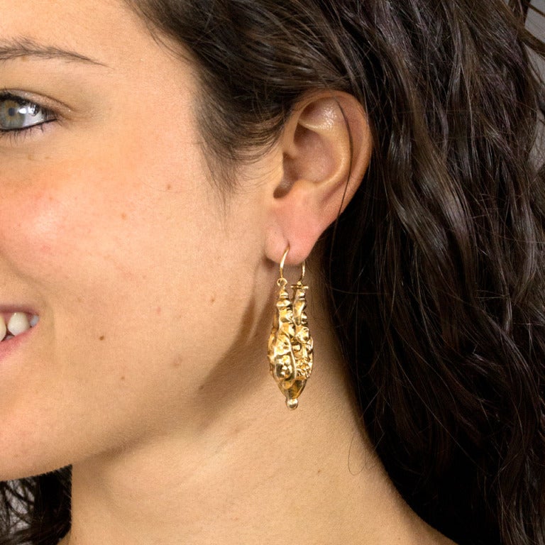 These 14k gold basket of fruit motif antique earrings are stylishly charming, large,  light weight, and easy to wear. Dating from the 1860s, they have a wonderful vintage chic look. Hand fabricated using repousse techniques rarely employed today,
