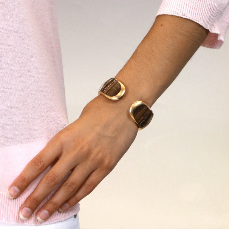 Modernist Gold Cuff set with Petrified Wood